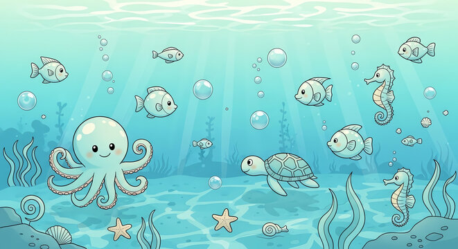 Cute cartoon underwater scene with octopus, turtle, seahorses and fish