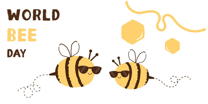 World bee day cute bee with hand drawn font sunglasses honeycomb illustration pastel background design..