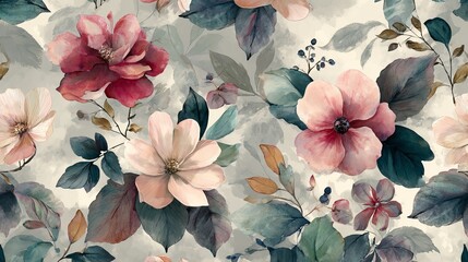 Naklejka premium Watercolor flowers and leaves create a repeating design on a soft background.