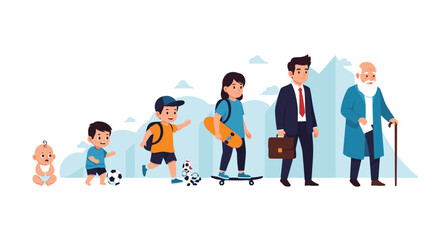 Fototapeta premium Human life cycle illustration showing the stages of aging from an infant to a toddler, school child, teenager, adult man, and senior.