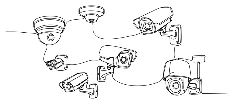 Security cameras and CCTV surveillance system set in continuous line art style