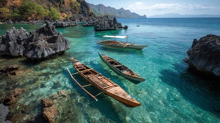 Obraz premium Boats near rocky outcrops in the Philippines.