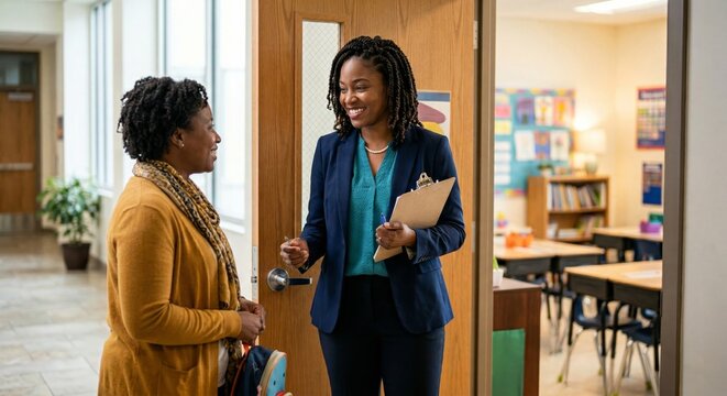 Teacher warmly greets parent at classroom door for a positive school conference, fostering communication