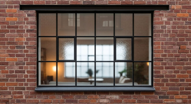 A symmetrical, architectural detail shot of an old brick factory window with original frosted glass panes, framed by newly installed minimalist black steel framing. The interior reflection shows 
