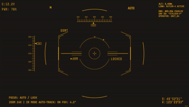 War drone camera viewfinder overlay. Template for military drone retro style colors cam rec. Camera frame vector template. Amber lines Ui on black background. Combat drone UI for games video, photo.