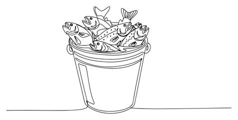 Bucket full of fresh fish catch in minimalist continuous line art style © Katarzyna