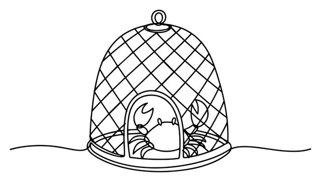 Crab caught inside underwater fishing trap in minimalist continuous line art style