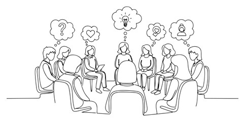 Group of people sitting in circle with thought bubbles for therapy or workshop in continuous line art style © Katarzyna