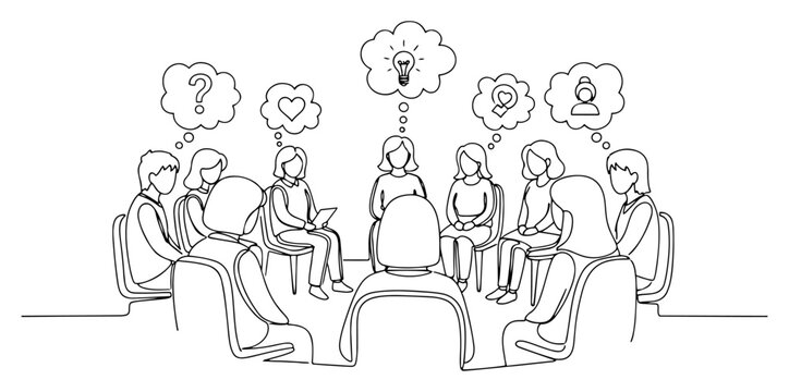 Group of people sitting in circle with thought bubbles for therapy or workshop in continuous line art style