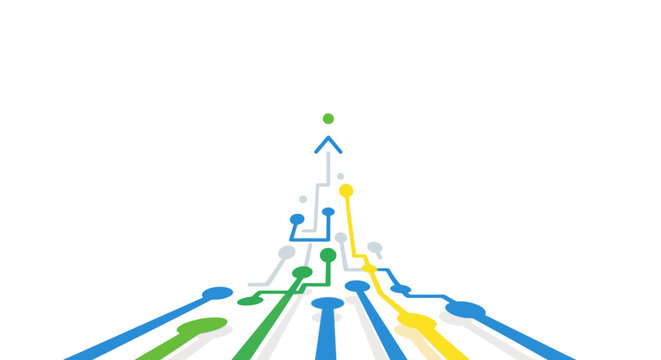 Abstract digital data flow and connection concept with colorful lines and arrows on white background
