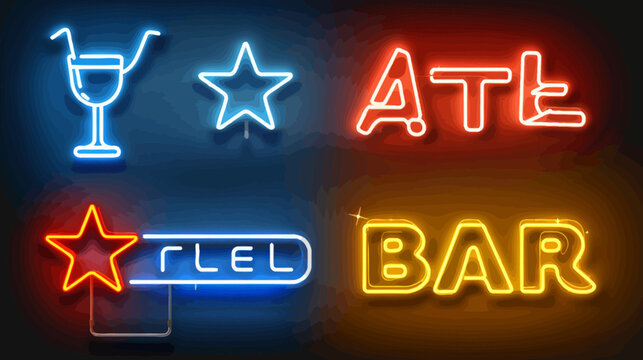 Four glowing neon signs show a cocktail glass, stars, 'ATL', and the word "BAR" on dark background