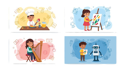 Fototapeta premium Collage of children learning different skills including cooking as a chef, painting on a canvas, playing the harp, and building a robot.