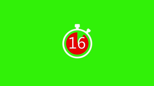 Animation of timer clock icon with 20 seconds with wipe red circle. Stopwatch icon counting 20 to 0 seconds on green background. 4K Video