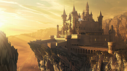 Naklejka premium Castle sits on cliff during sunset with light shining over landscape in fantasy setting