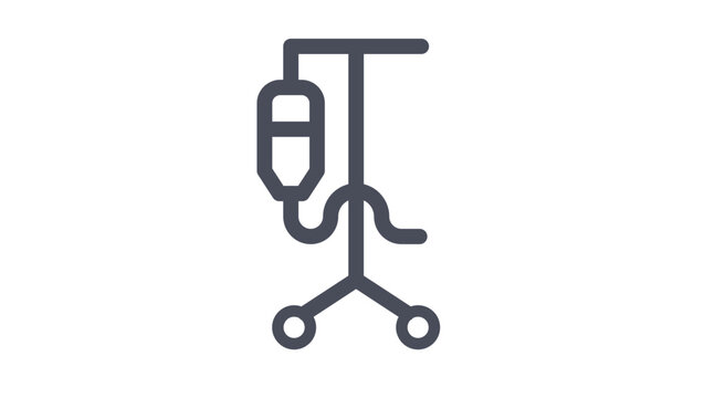 Minimalist black vector icon illustration of a medical IV drip stand with infusion bag and tubing on wheels, representing hospital healthcare, intravenous therapy, and patient care.