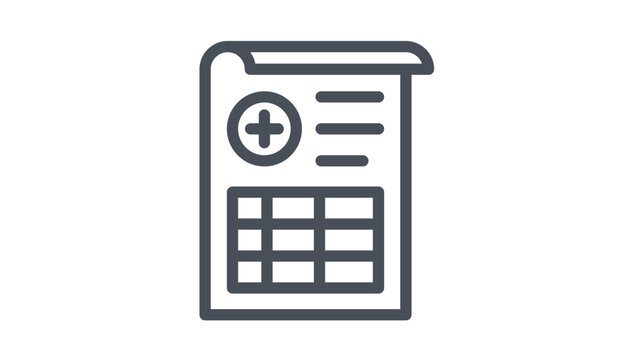 Medical report vector icon featuring a document with a health cross symbol and a data table, minimalist black line illustration for healthcare, patient record, and clinical documentation.