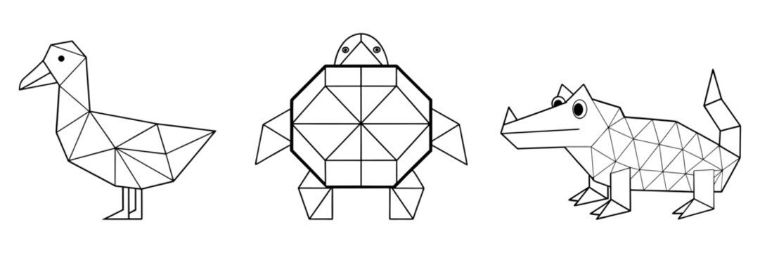 A collection of minimalist geometric origami line art illustrations featuring a bird, a turtle, and an alligator in a clean black and white vector style.
