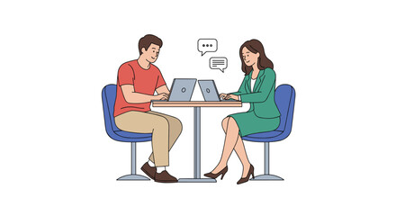 Fototapeta premium Professional man and woman work on their laptops while sitting at a small cafe table and having a productive conversation.