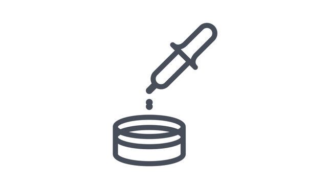 Minimalist black vector icon illustration of a medical dropper pipette dripping liquid into a small petri dish or laboratory container, symbol for scientific research, health, and medicine.