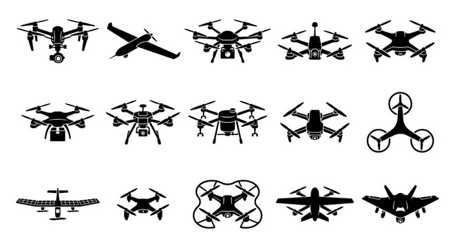 Modern drone silhouette collection, 15 unmanned aerial vehicle icons, black quadcopter and fixed-wing aircraft vector set for technology and logistics
