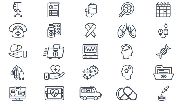 Medical and Healthcare Vector Icon Set, 25 Black Minimalist Line Art Symbols including Medicine, DNA, Lungs, Ambulance, First Aid, Telemedicine, Brain, Heart Rate, and Diagnostic Tools Collection.