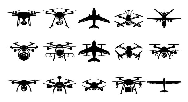 Unmanned aerial vehicle silhouettes, 15 drone and aircraft vector icons, black quadcopter and airplane symbols for logistics and surveillance