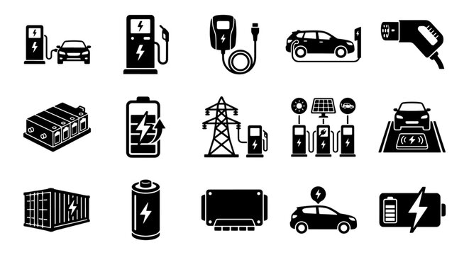 Electric vehicle charging station icons, 15 black vector elements for EV infrastructure, sustainable energy car battery and power supply set