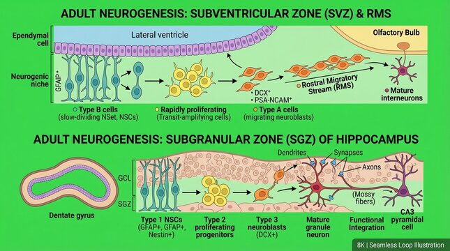 An educational illustration of adult neurogenesis in the subventricular zone and subgranular zone of the hippocampus