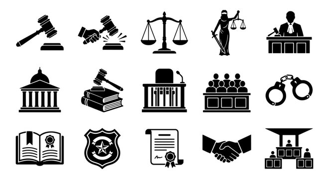 Law and justice icon set, 15 black vector symbols for legal services, courthouse elements including judge gavel and lady justice, professional legal icons