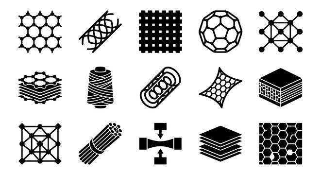 Nanotechnology and advanced materials icons set, 15 carbon fiber and graphene vector symbols, molecular structure and textile engineering graphics