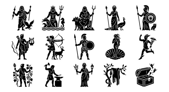 Ancient Greek Mythology Gods and Goddesses Icons, Set of 15 Black Vector Silhouettes, Olympic Deities and Mythological Figures for History Education
