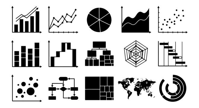 Minimalist business data visualization icons, set of 15 black vector charts and graphs, professional financial infographic elements for reports