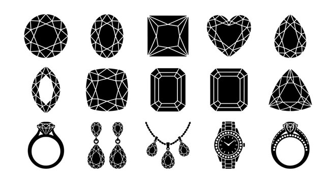 Black diamond gemstone shapes and jewelry icons, set of 15 vector elements, luxury jewelry design symbols with rings and necklaces