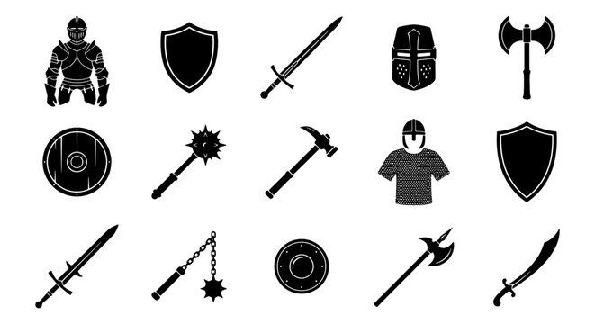 Medieval knight armor and weapon icons, 15 black silhouette warrior equipment elements, ancient battle gear set with swords and shields