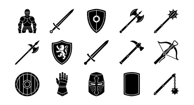 Medieval weapons and armor icons set, 15 black knight equipment silhouettes, ancient warrior combat gear for gaming and historical design