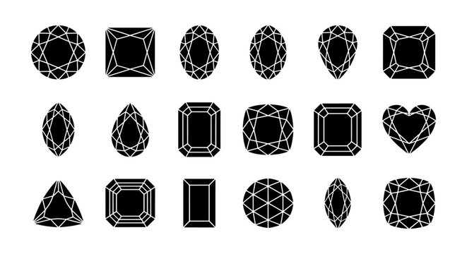 Black diamond gemstone silhouettes, set of 18 jewelry stone cut icons, luxury crystal and precious gem shapes, elegant jewel vector elements