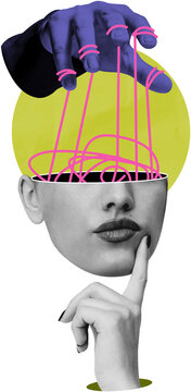 A conceptual collage showing a person&rsquo;s face with an open head and strings pulled by a hand, in a stylized graphic look, on white background, symbolizing control and influence