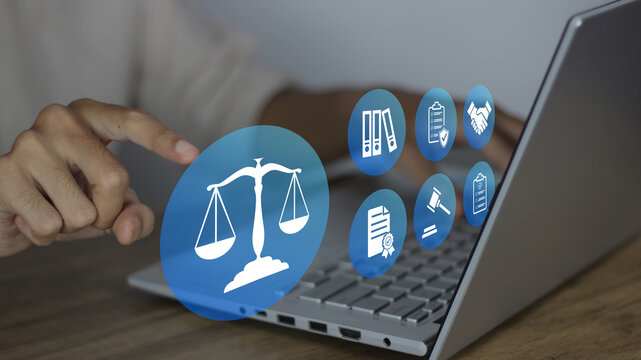 Legal and governance concept showing a person using a laptop with digital law icons like scales, gavel, and documents to manage online compliance, justice, and corporate regulatory services