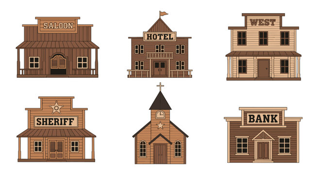 Collection of old western town buildings including a saloon, hotel, bank, sheriff's office, church, and a general store.