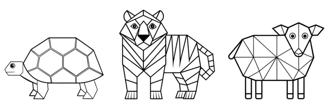 A minimalist set of low-poly geometric animal illustrations featuring a Sheep, tiger, and Tortoise, created with clean line art and polygonal shapes.