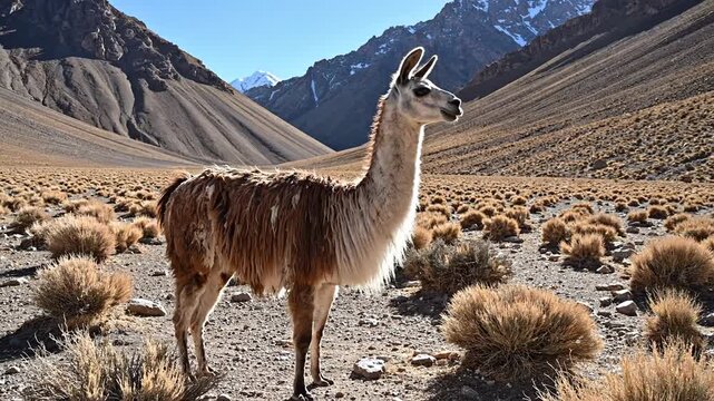 Alert Llama Standing in a Dry Mountain Landscape