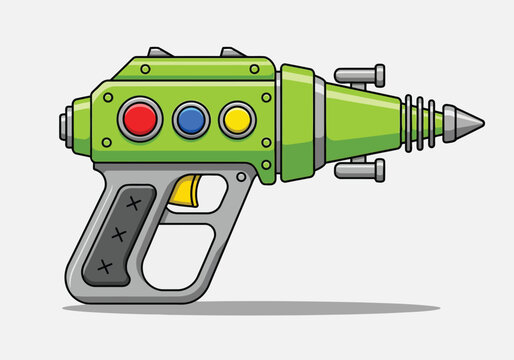Vintage-style sci-fi blaster with colorful control buttons and trigger grip