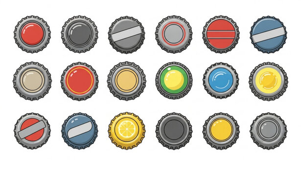 Metallic bottle caps vector set with beer soda lemonade lids and cartoon tops