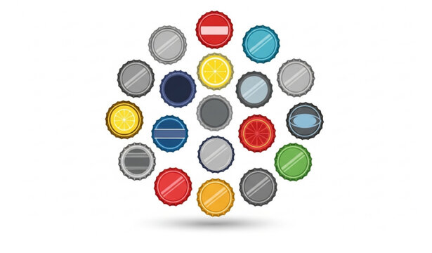 Bottle cap collection with metallic beer soda and lemonade lids vector illustration