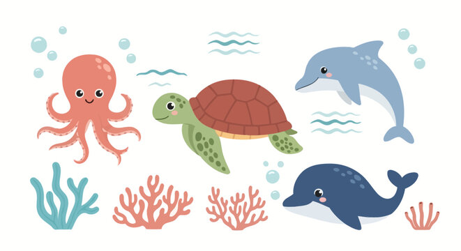 Undersea Wonderland: Cute illustrations of marine animals swimming in the ocean. 