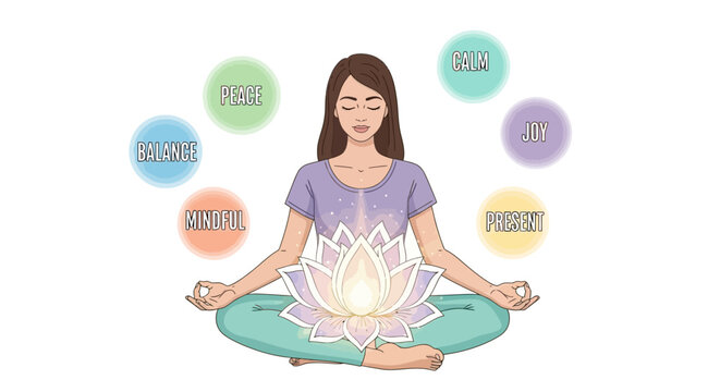 A smiling woman in a pink lotus pose sits in meditation as a relaxation health illustration featuring colorful easter eggs