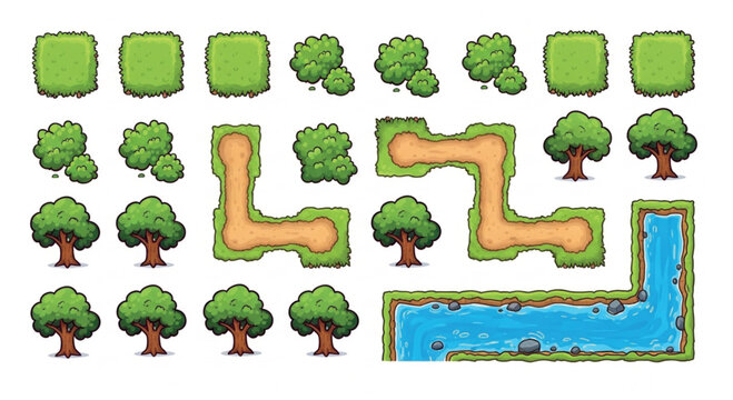 Cartoon game map assets with green trees and bushes, 24 nature environment elements, top down landscape tiles for level design and world building isolated PNG with Transparent Background