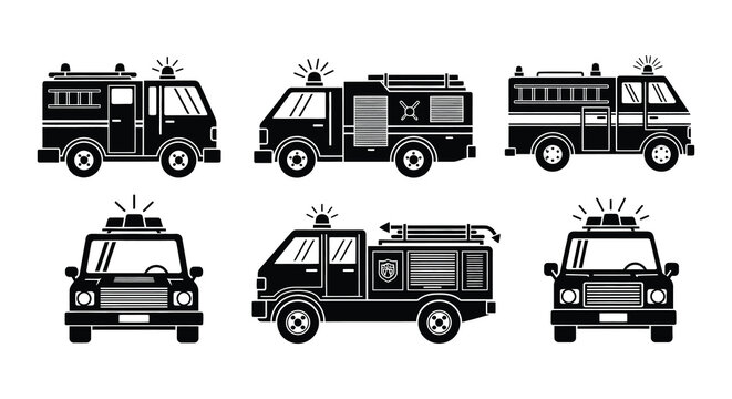 Emergency vehicles including an ambulance fire truck police car and helicopter
