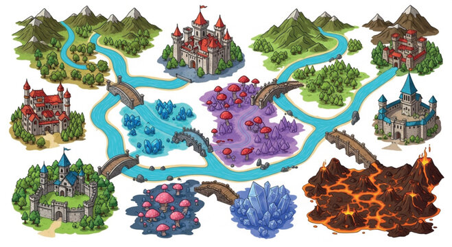 Fantasy game map elements, medieval kingdom world building assets, isometric castle and landscape vector set for RPG level design isolated PNG with Transparent Background