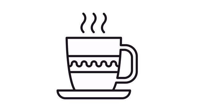 Minimalist black outline vector icon of a steaming hot cup of coffee or tea with a decorative wavy pattern sitting on a saucer, isolated graphic illustration for cafe, breakfast, or break time.